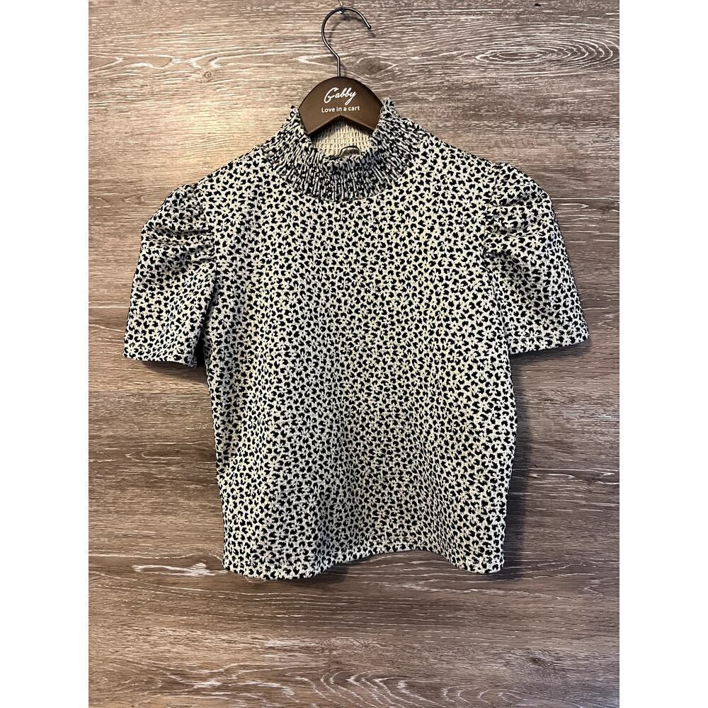 Zara Black and White Smocked Neck Short Sleeve Blouse